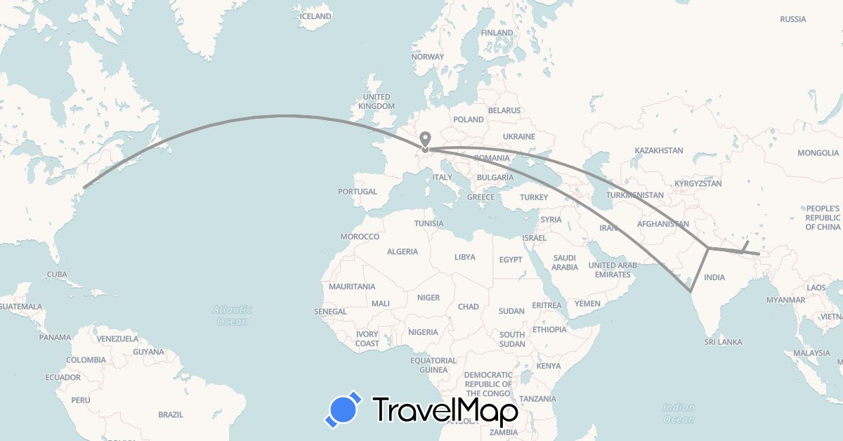 TravelMap itinerary: plane in Bhutan, Switzerland, China, India, Nepal (Asia, Europe)